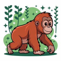 Obraz premium Cute Orangutan Cartoon Illustration Background Wallpaper with Copy Space, Adorable Jungle Animal Character in Vibrant Style, Perfect for Children's Designs and Educational Content