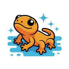 Fototapeta premium Cute Orange Gecko Cartoon Character on Blue Water with Sparkles, Adorable Animal Illustration for Kids, Copy Space Background