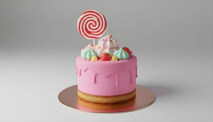 A delicious pink cake with colorful frosting and a lollipop on top sits on a gold plate.