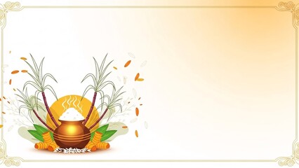 Pongal Festival Greeting Background With Decorative Rice Pot