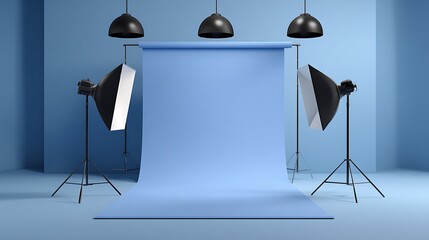 Photography studio setup modern blue background professional equipment indoor environment