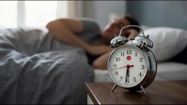 A person is reaching for a ringing alarm clock, likely to turn it off. The clock is on a bedside table, and the person is still in bed.