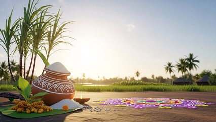 Harvest Festival Pongal Pot in Green Agricultural Field