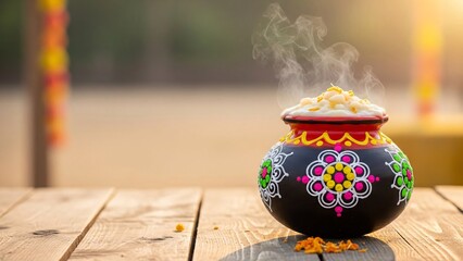 Colorful Pongal Pot With Steam on Wooden Table