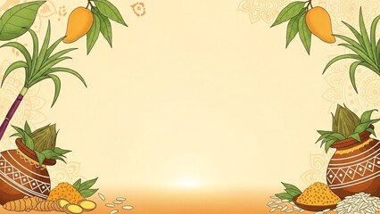 Pongal Festival Decorative Background With Sugarcane and Leaves