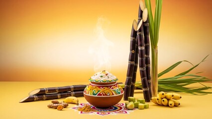 Pongal Festival Pot With Sugarcane at Sunrise Background