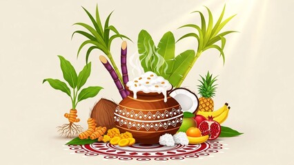 Pongal Festival Illustration With Clay Pot, Sugarcane, and Fruits