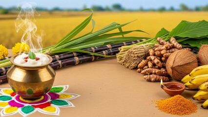 Indian Harvest Still Life With Pongal Pot, Rice and Sugarcane on Neutral Background