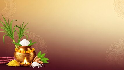 South Indian Pongal Festival Background With Sugarcane and Decorated Pot
