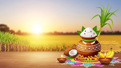 Pongal Harvest Festival Scene With Sunrise Over Rice Field and Clay Pot