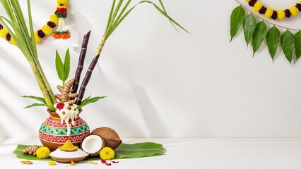 Pongal Festival Setup with Decorated Clay Pot, Sugarcane and Coconut on White Background