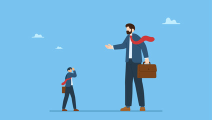 Small guy businessman confront big competitor. Big business competitor, career obstacle, conflict with boss, overcome difficulties in work or entrepreneur, SME, Small and Medium Enterprise.