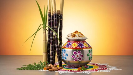Traditional Pongal Pot with Sugarcane Sticks on Festive Yellow Background