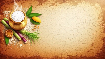 pongal festival background with clay pot, sugarcane and cracked earth texture