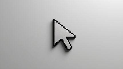 The image depicts a black and white, 3D-rendered, pixelated hand cursor icon, evoking early computer graphics.