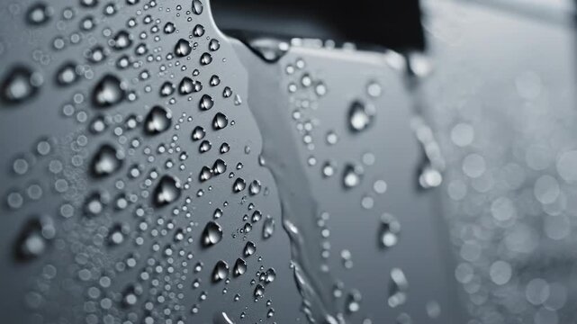Extreme close-up slow motion shot of large water droplets slowly condensing and running down a pristine matte gray kitchen appliance surface large, matte, wall