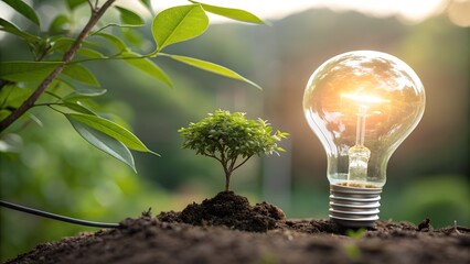 Sustainable growth concept with glowing light bulb and small tree in soil