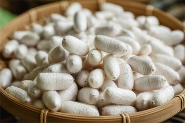 silkworm cocoon pile on bamboo tray. Asian silk natural material