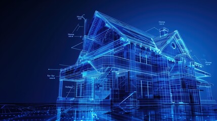 Futuristic blue digital wireframe house model for architectural design concept.

