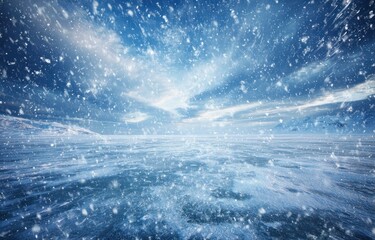 Fototapeta premium Snow falling over a frozen landscape under a bright sky with copy space