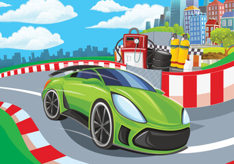 Cartoon scene with racing car on the track sports car near the city illustration for children
