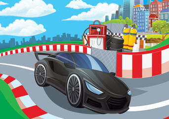 Cartoon scene with racing car on the track sports car near the city illustration for children