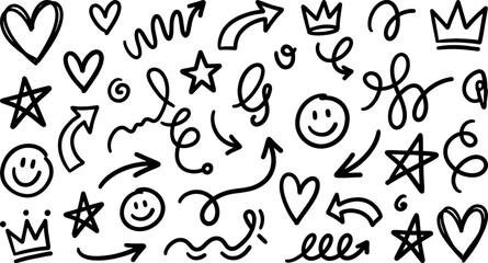 Obraz premium Doodle Elements: An array of whimsical doodles, including hearts, arrows, stars, smiley faces, and crowns, forming a playful and creative collection. 