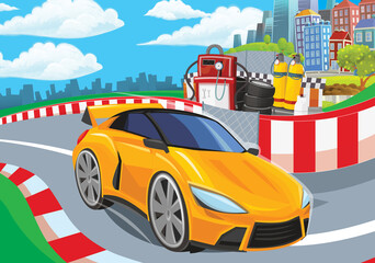 Cartoon scene with racing car on the track sports car near the city illustration for children