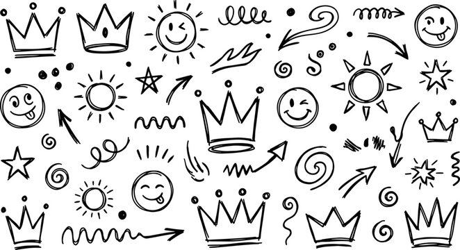 Sketchy Embellishments: Playful scribbles of crowns, smiley faces, arrows and stars. A delightful doodle for your designs. 