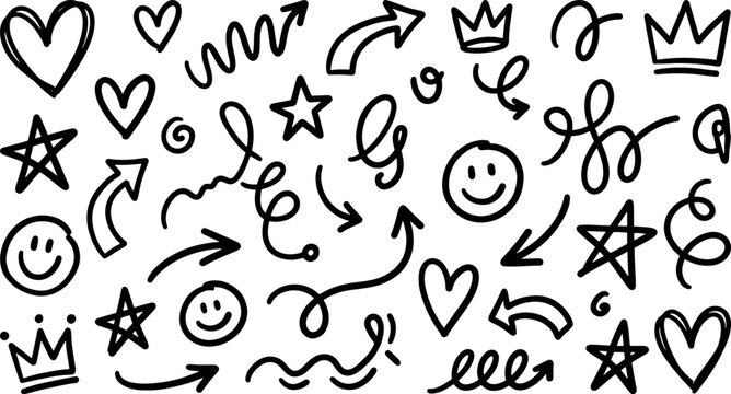 Doodle Elements: An array of whimsical doodles, including hearts, arrows, stars, smiley faces, and crowns, forming a playful and creative collection. 