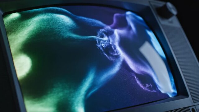 Extreme close-up slow motion shot of liquid digital light rippling and stretching the glass surface of an obsolete cathode ray tube monitor stretching, rippling, abstract art