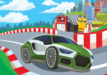 Cartoon scene with racing car on the track sports car near the city illustration for children