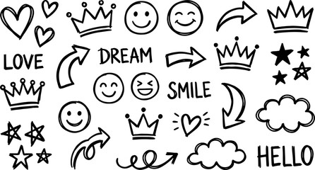Creative Elements Illustration: A collection of charming hand-drawn illustrations, including crowns, hearts, arrows, stars, smiley faces, and clouds, ideal for adding a playful touch.  © zeshan