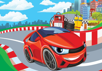 Cartoon scene with racing car on the track sports car near the city illustration for children