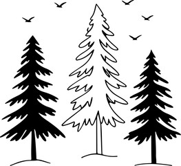 Obraz premium Set of Christmas tree silhouettes vector illustration in winter forest
