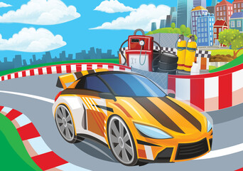 Cartoon scene with racing car on the track sports car near the city illustration for children