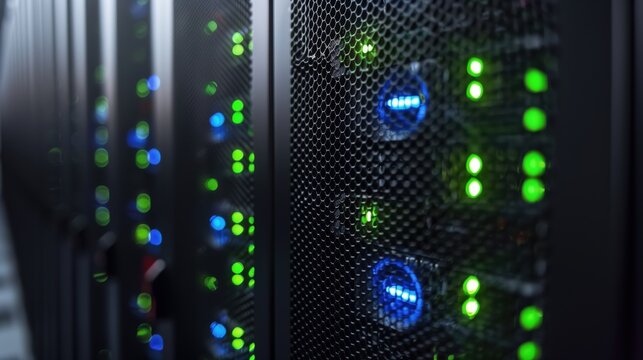 Modern server room data center with glowing green and blue LED lights for technology concepts.

 - Powered by Adobe