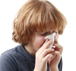 Little boy with runny nose on white background, closeup. Cold symptom © New Africa