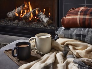 Indoor scene with a crackling fireplace, warm drink, and cozy sweaters
