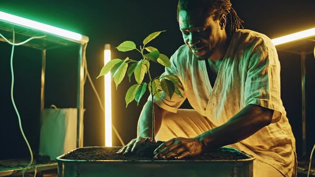 Focused African man carefully planting a green sapling in a futuristic indoor garden under vibrant neon lights, symbolizing new growth and environmental hope