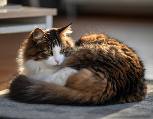 Long-Haired Calico Cat Resting in Sunlight