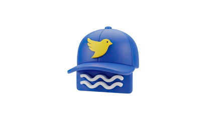 3D Blue Baseball Cap with Yellow Bird and Waves Icon on transparent background