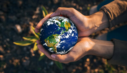 Close Up Of Two Hands Cupping The Earth Globe Symbolizing Global Care And Environmental Protection With Green Plant Growing In The Background