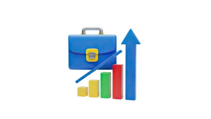 3D Business briefcase with growing financial chart and arrow on transparent background