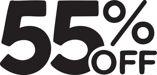 Bold black 55 percent off text with a simple percentage sign and OFF label isolated on a white background for promotional use