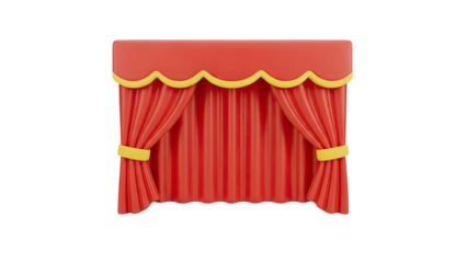 3D Cartoon Red Theater Stage Curtains with Yellow Accents on transparent background