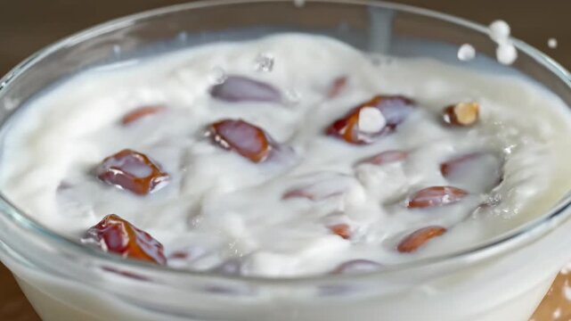 Extreme close-up slow motion shot of pitted dates and raw almonds dropping and splashing into a clear bowl of plant-based milk baking, plant-based, smoothie base