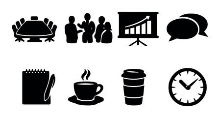 Black silhouettes of office and communication icons on dark background