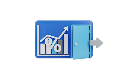 3D financial graph with an open door and arrow on transparent background