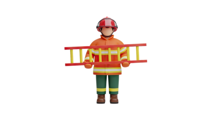 3D Firefighter Holding Ladder on transparent background